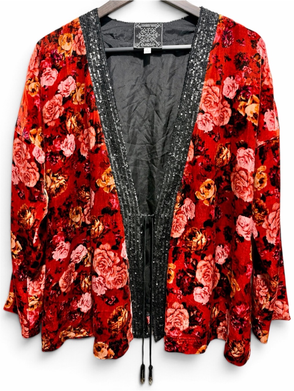 Johnny Was Jade Billie Velvet Rose Floral Sequin Kimono Jacket Silk S